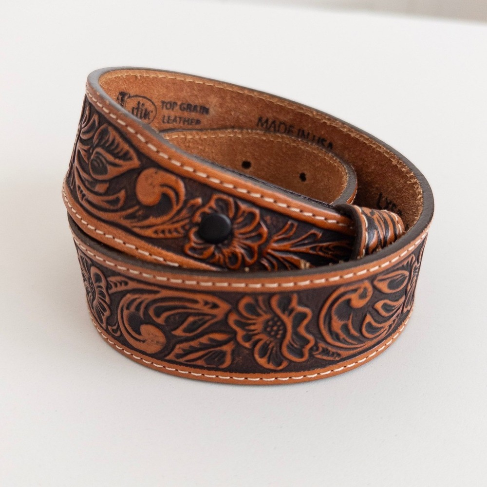VTG Justin Tooled Leather Belt Sz 24 Youth Brown Floral Western Snap Boho Rustic